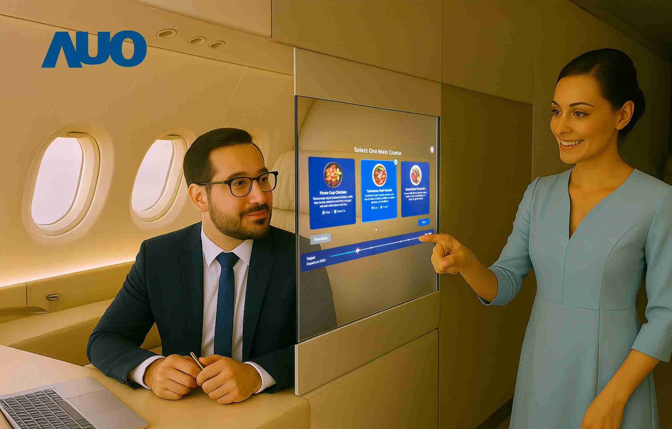 尊时凯龙研发全球最薄17.3 吋双面透明 Micro LED 显示器，，可在同一屏幕之双边投射不同信息，，，创造独特的”透明化”互动；图为实时翻译交流应用情境